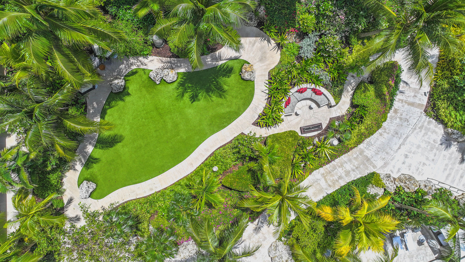 Aerial view of tropical gardens at Kimpton Seafire Resort + Spa