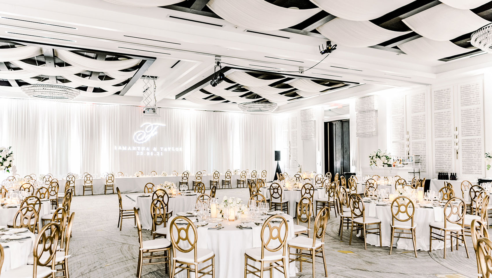 ballroom set in banquet tables for wedding