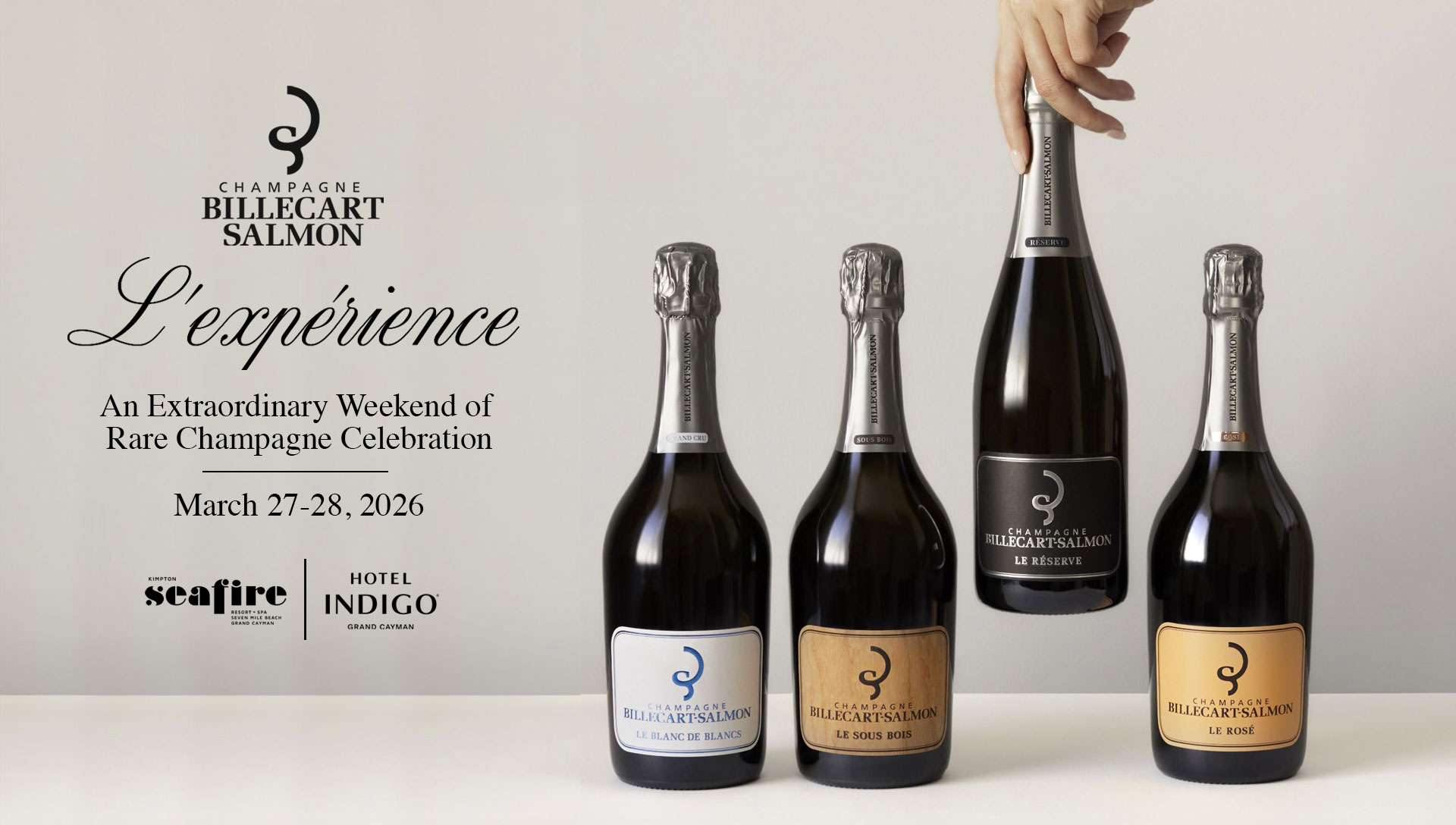 Champagne Billecart Salmon. L'expérience. An Extraordinary Weekend of Rare Champagne Celebration. March 27-28, 2026. Kimpton Seafire Resort + Spa. Hotel Indigo Grand Cayman.