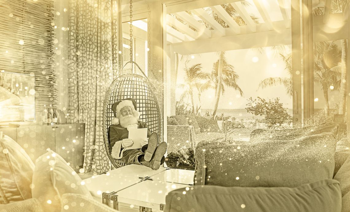 Sepia image of Santa in a hammock