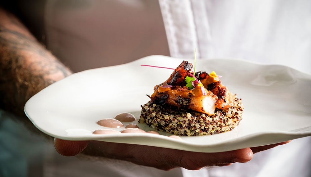 close up of chef holding dinner plate