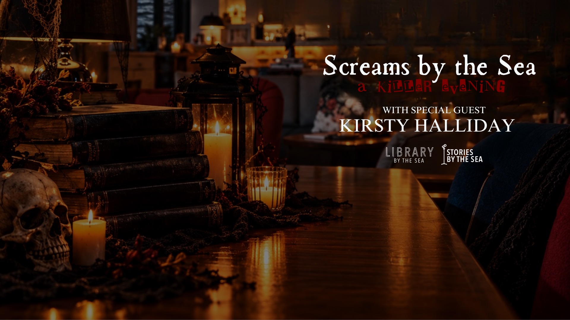 Halloween-themed event graphic for Screams by the Sea featuring candles, books, and a decorative skull.