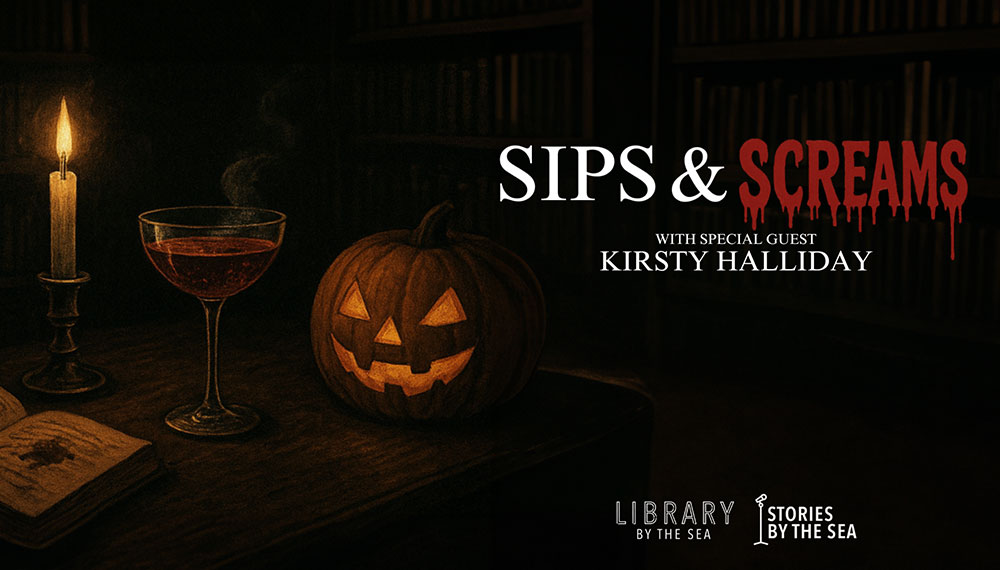 Event poster with a spooky image of a pumpkin, candle and glass of wine