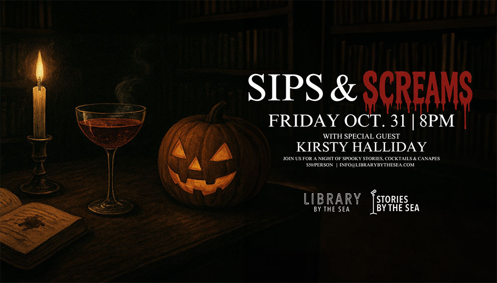 Graphic that says Sips & Screams at Library by the Sea