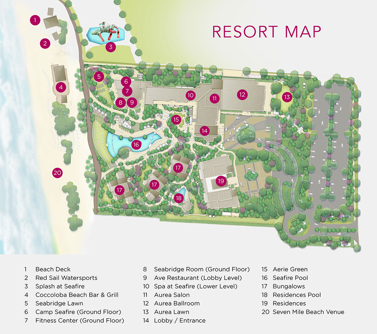 resort map drawing with points of interest listed