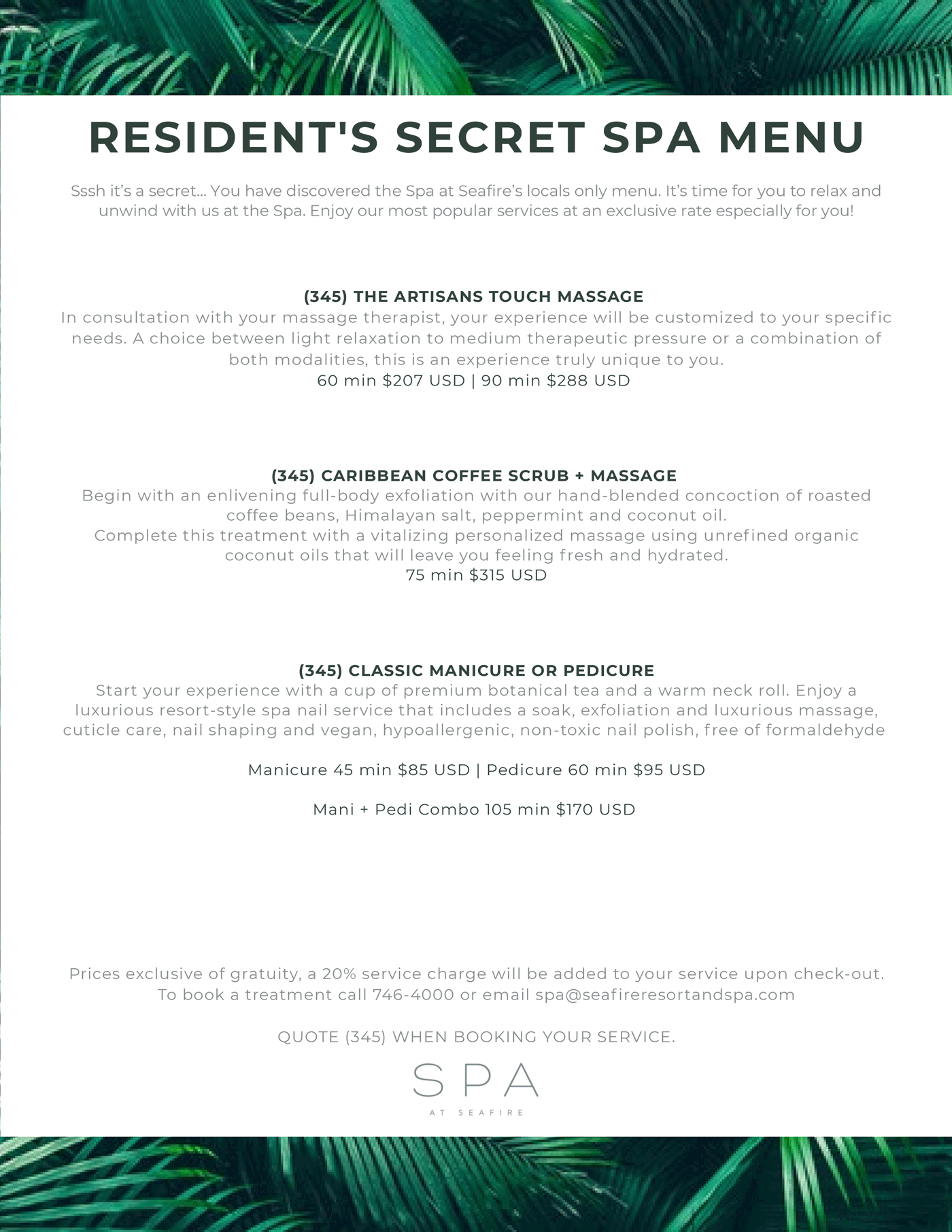 345 Residents Secret Spa Menu