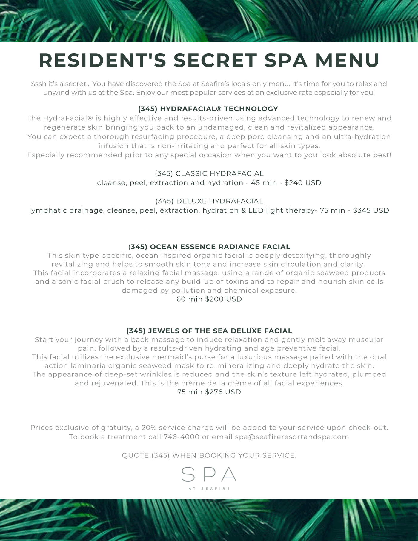345 Residents Secret Spa Menu