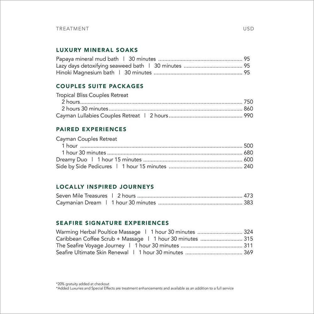 Spa Garden Suite Price List