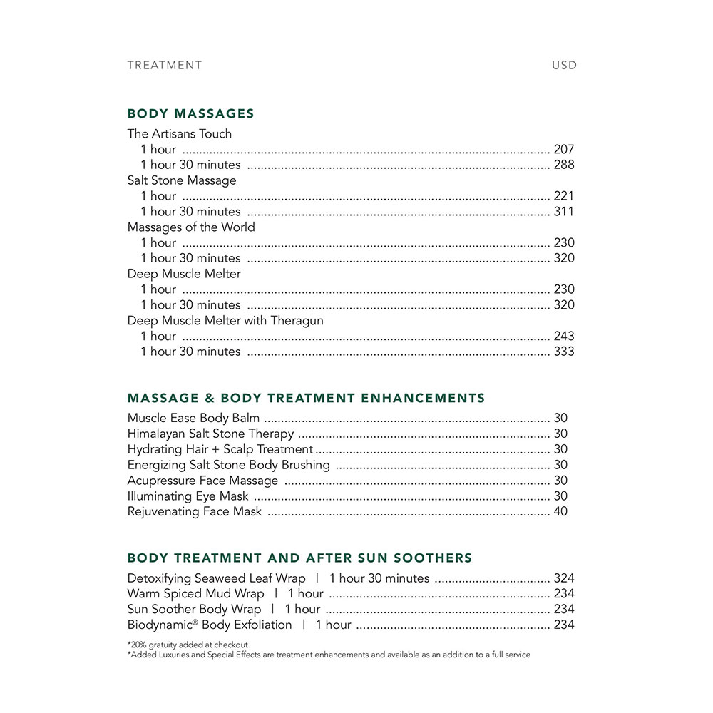 Spa Garden Suite Price List