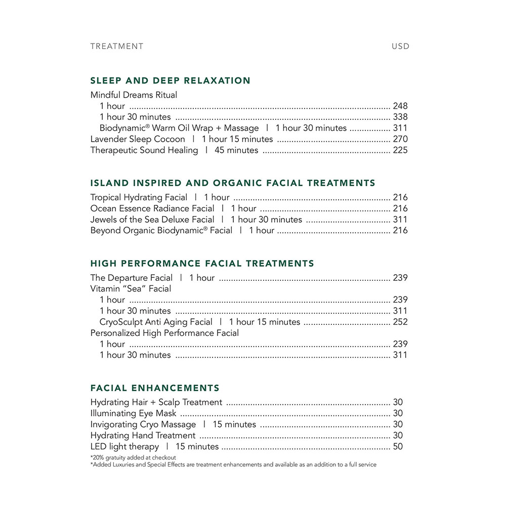 Spa Garden Suite Price List