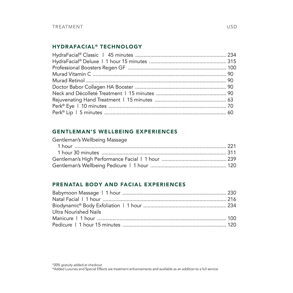 Spa Garden Suite Price List