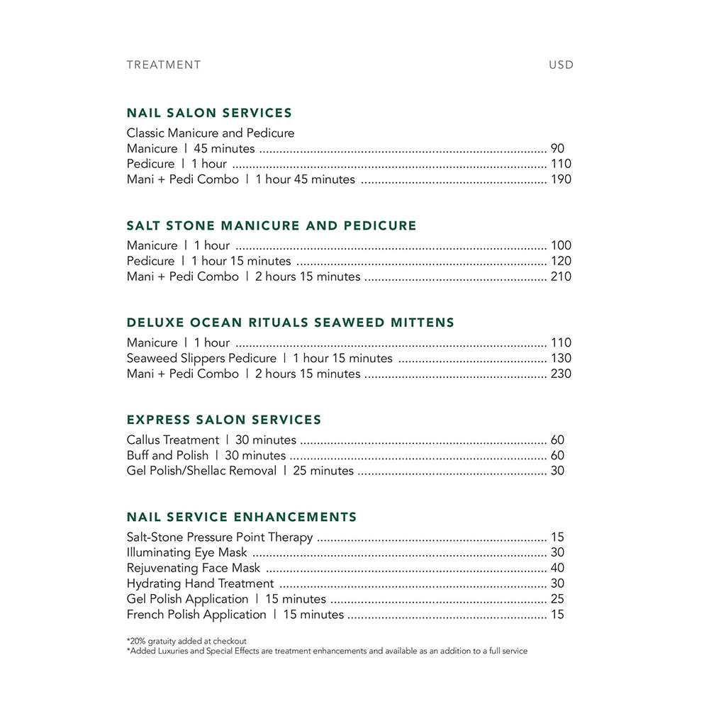 Spa Garden Suite Price List