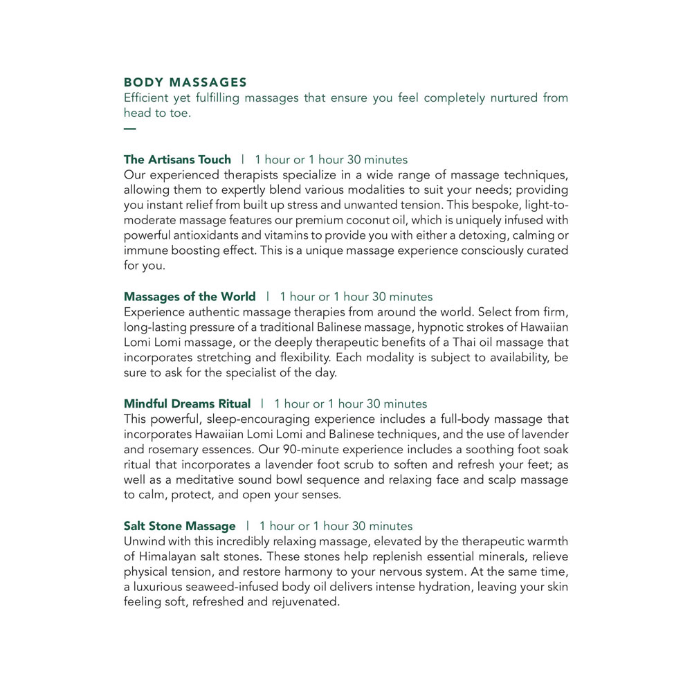 Seafire Spa Garden Suites Menu
