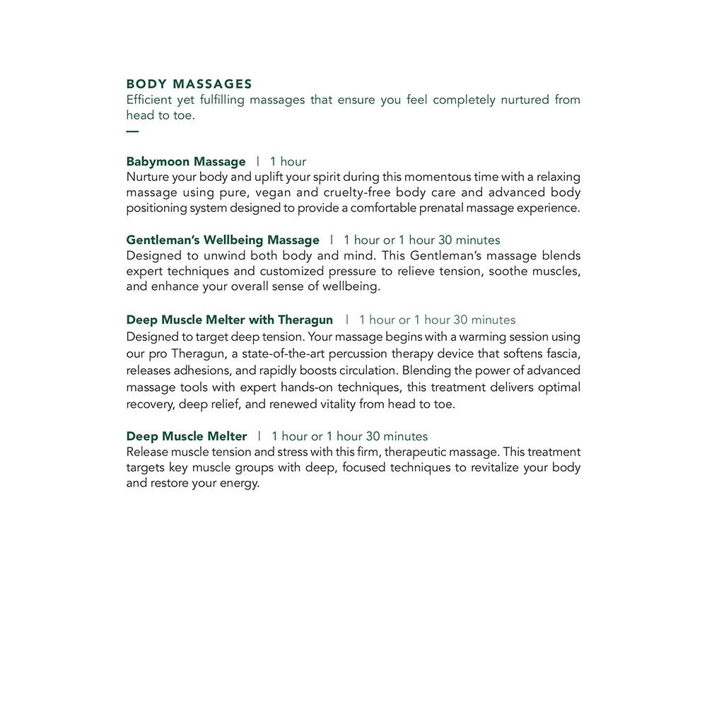 Seafire Spa Garden Suites Menu