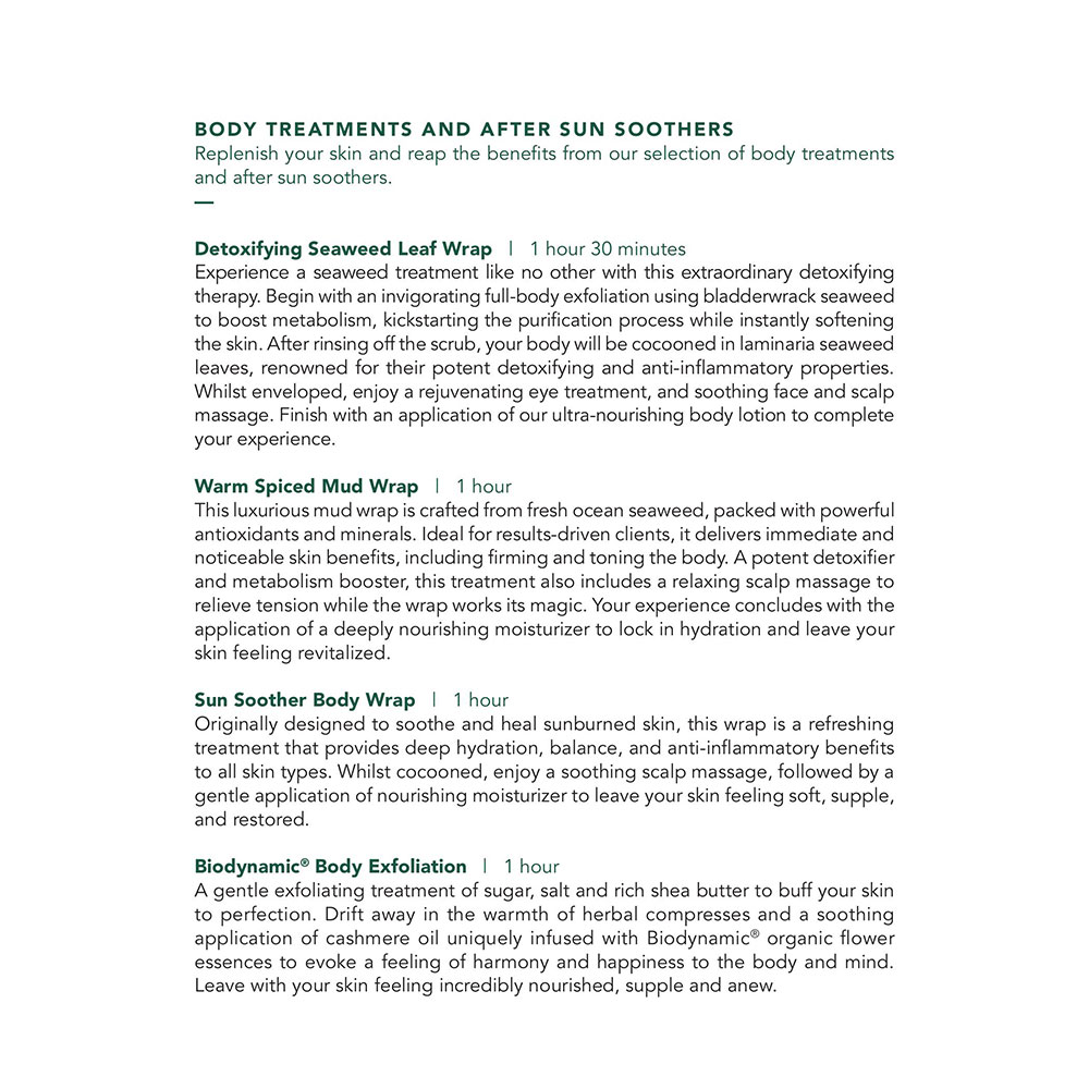 Seafire Spa Garden Suites Menu