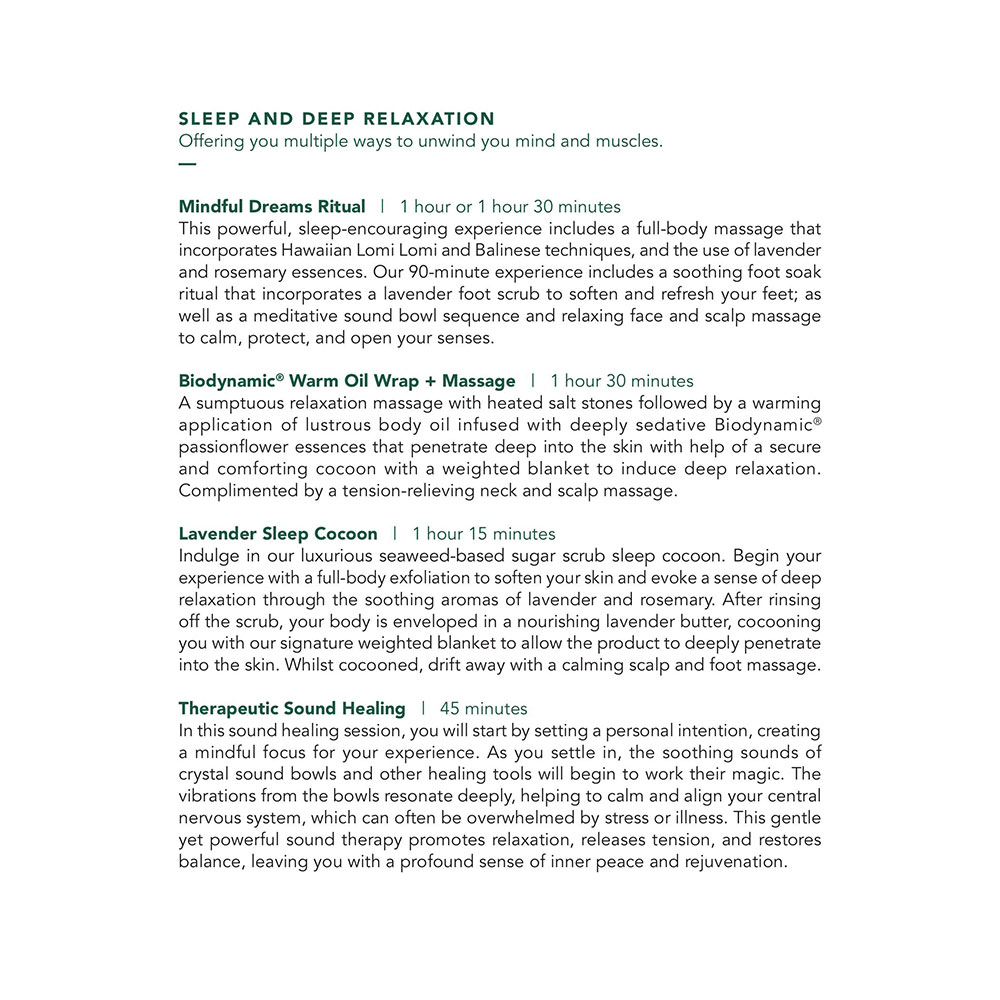 Seafire Spa Garden Suites Menu