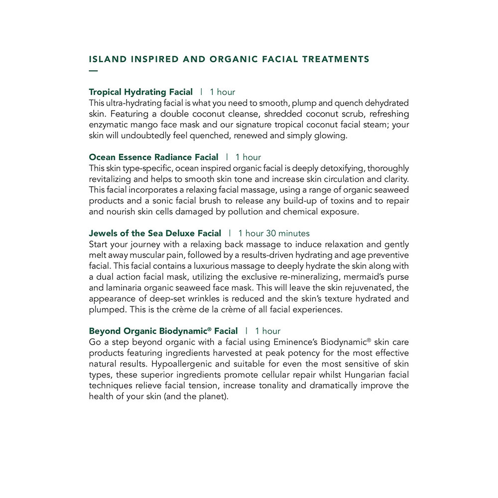 Seafire Spa Garden Suites Menu