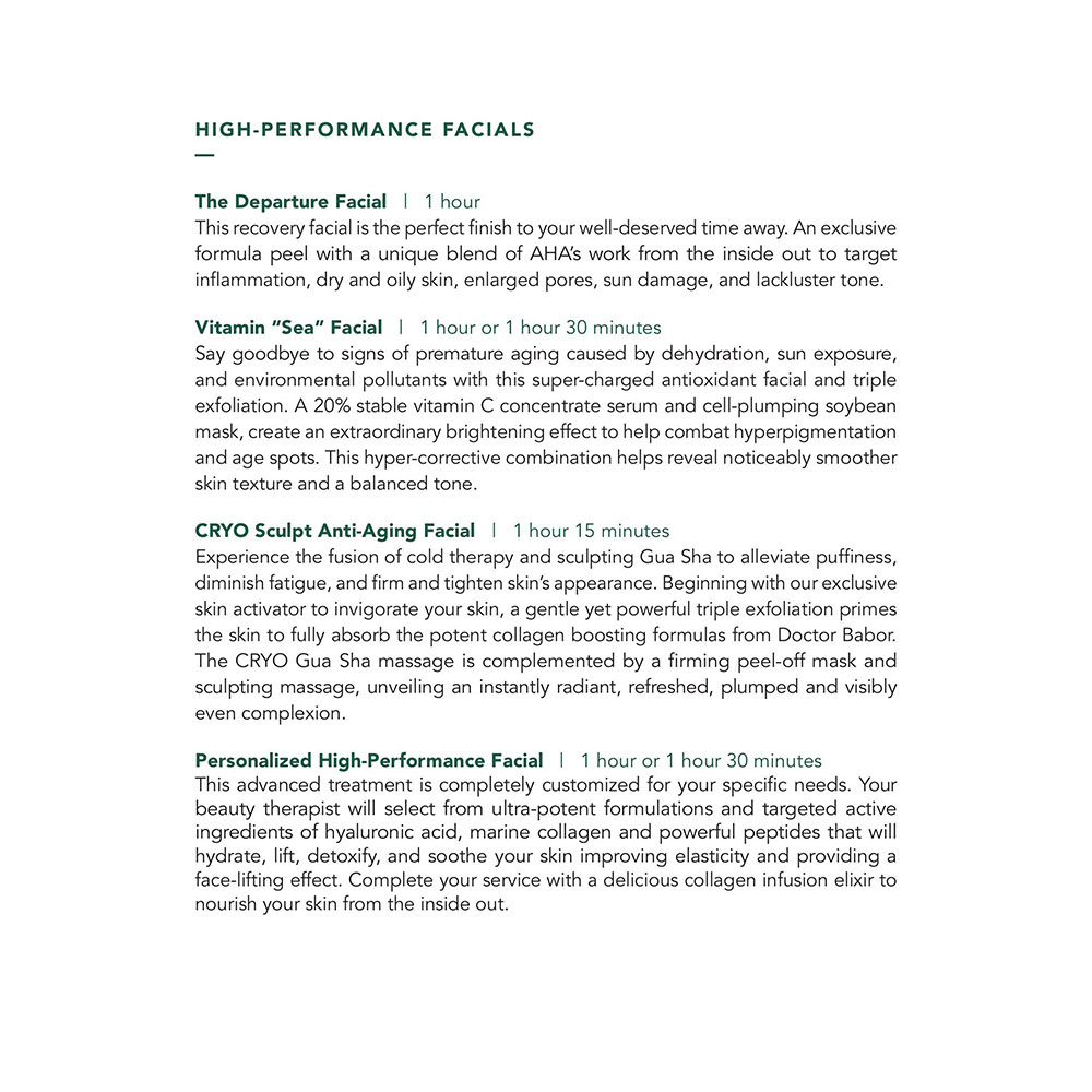 Seafire Spa Garden Suites Menu