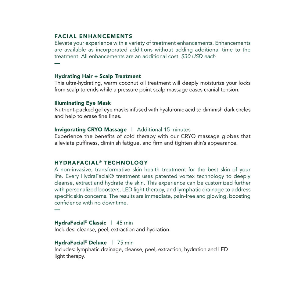 Seafire Spa Garden Suites Menu