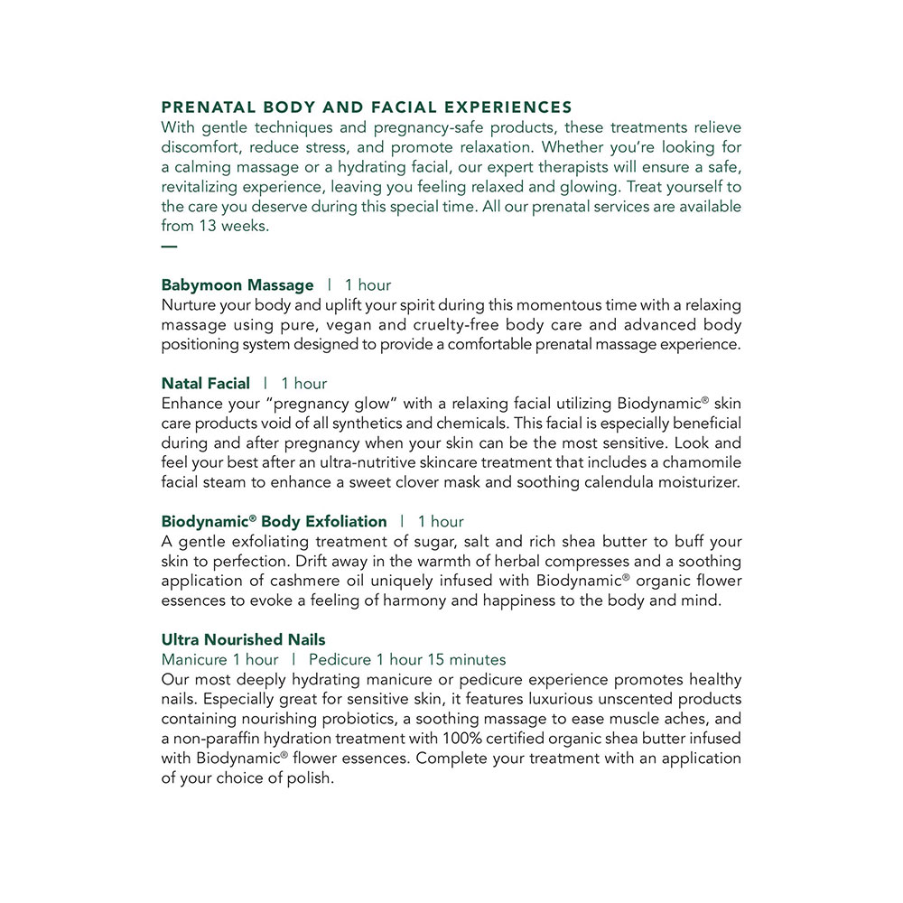 Seafire Spa Garden Suites Menu