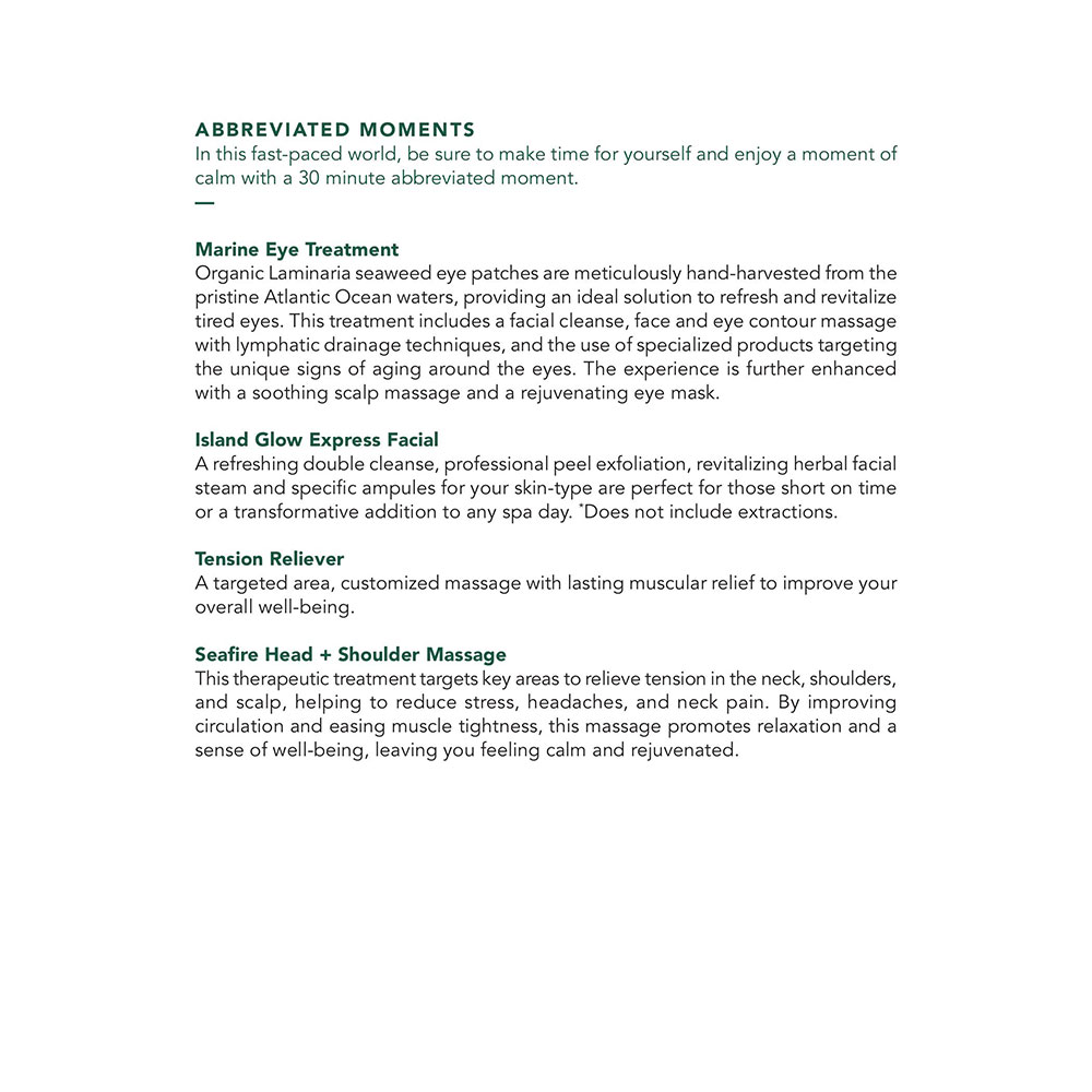 Seafire Spa Garden Suites Menu