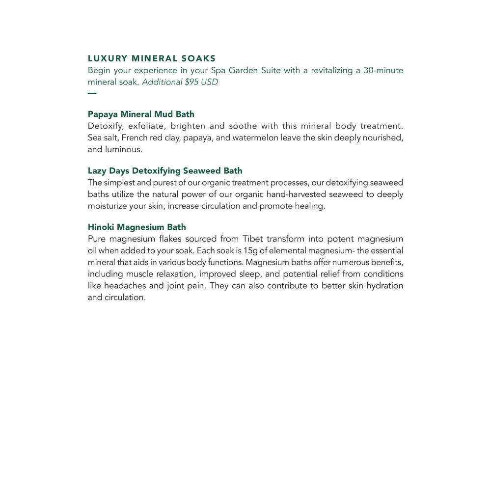 Seafire Spa Garden Suites Menu