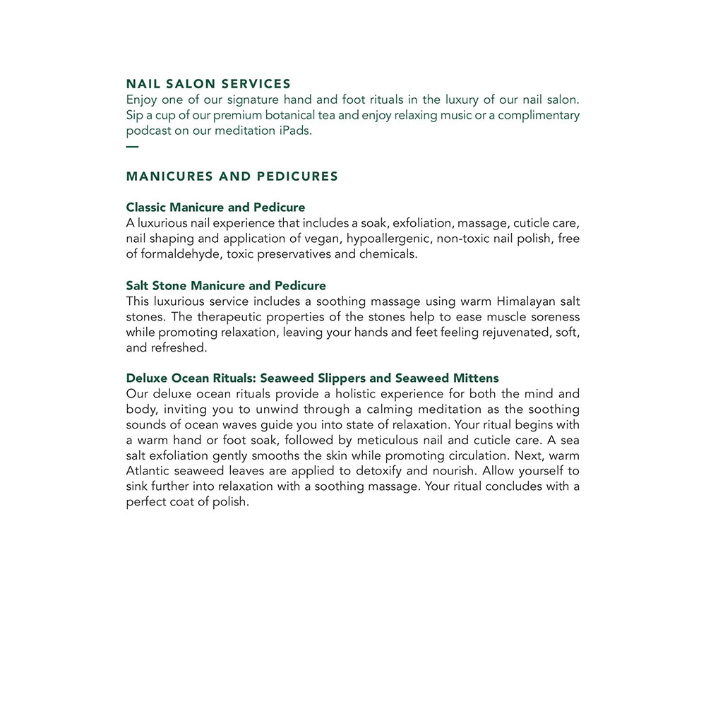 Seafire Spa Garden Suites Menu
