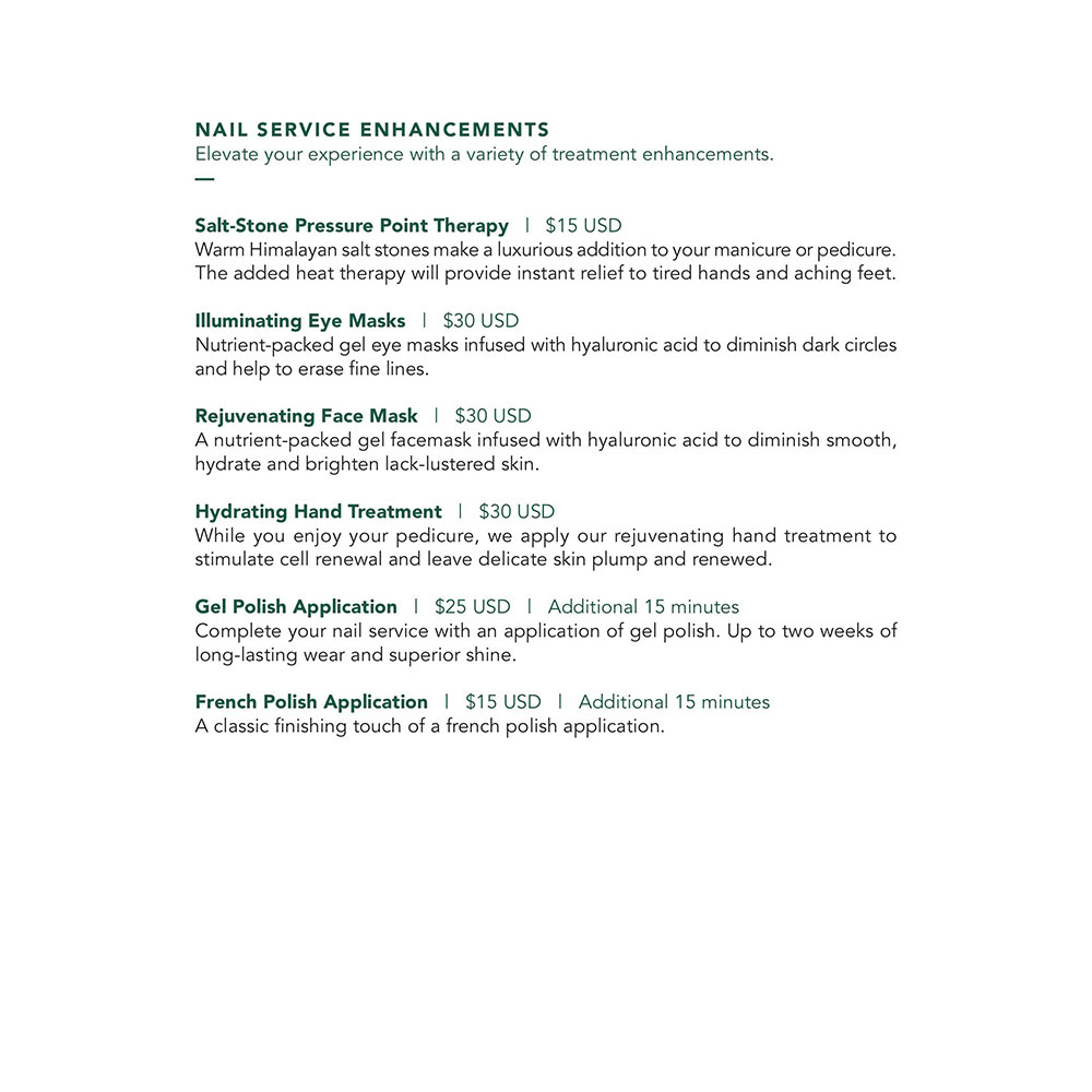 Seafire Spa Garden Suites Menu