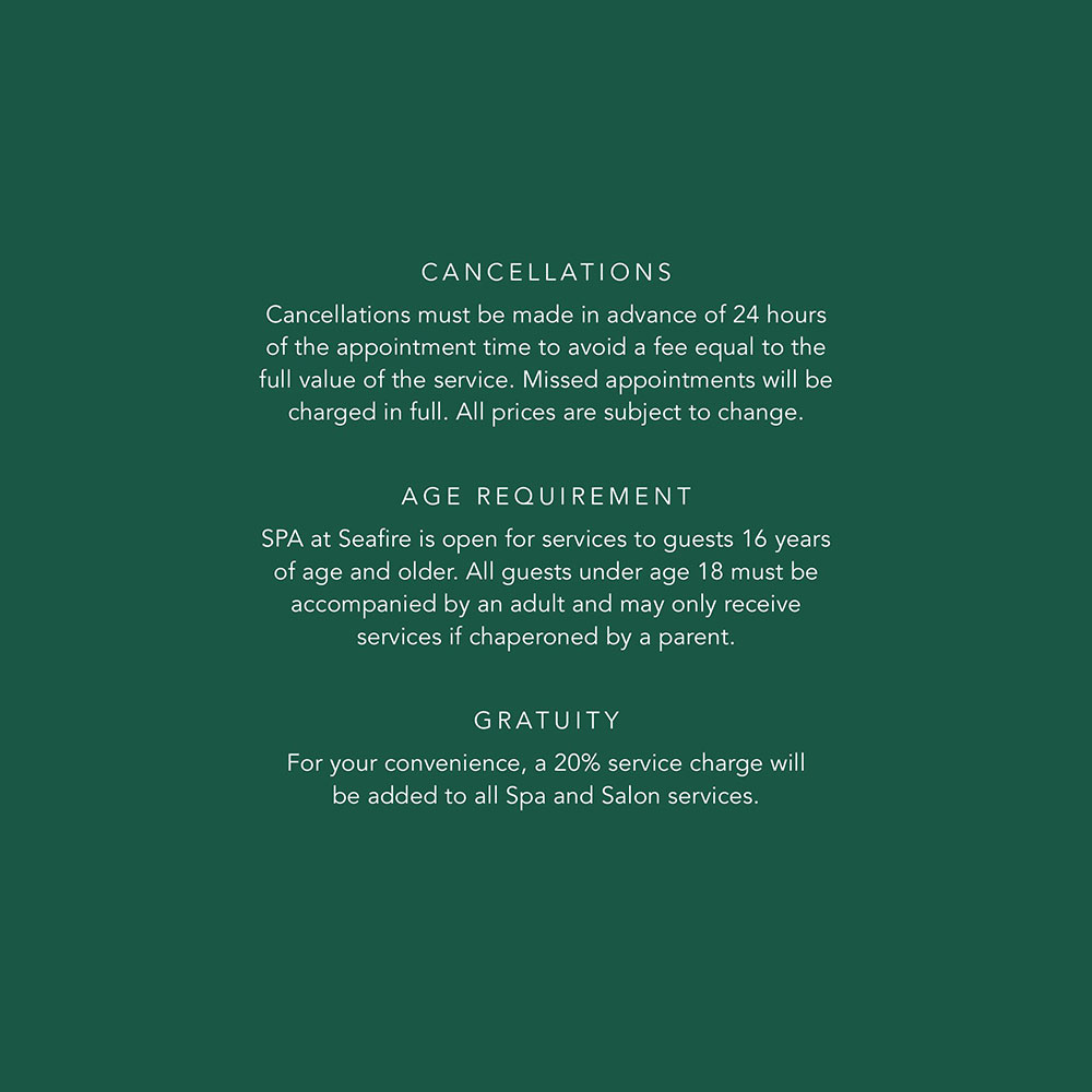 Seafire Spa Garden Suites Menu
