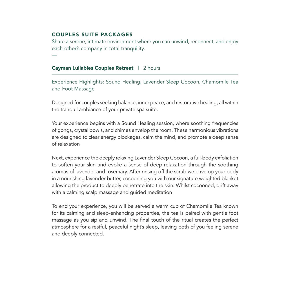 Seafire Spa Garden Suites Menu