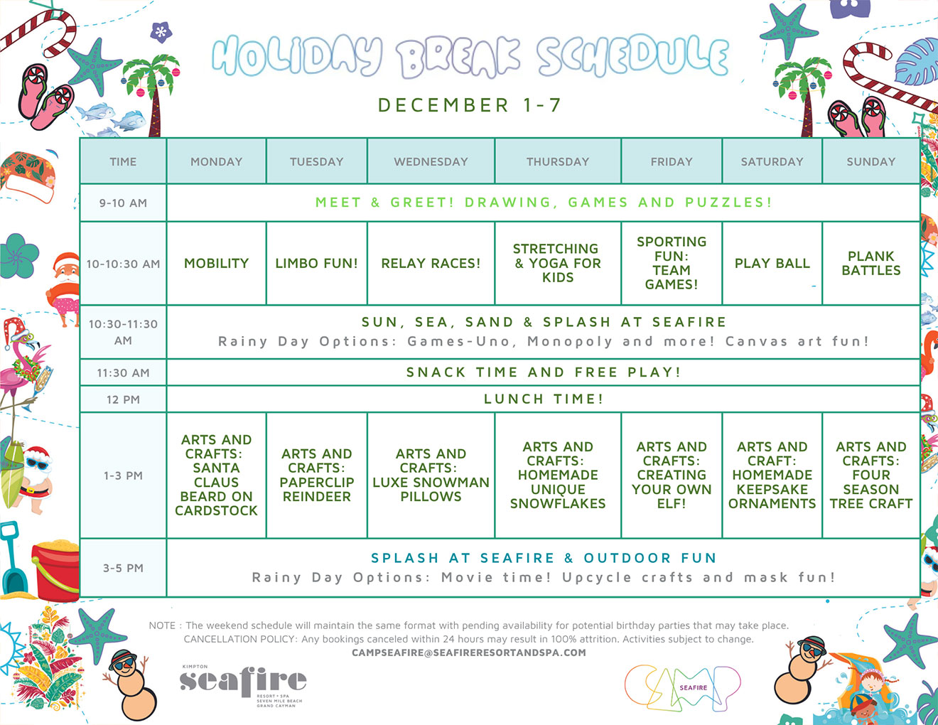 Winter 2025 Camp Program Schedule